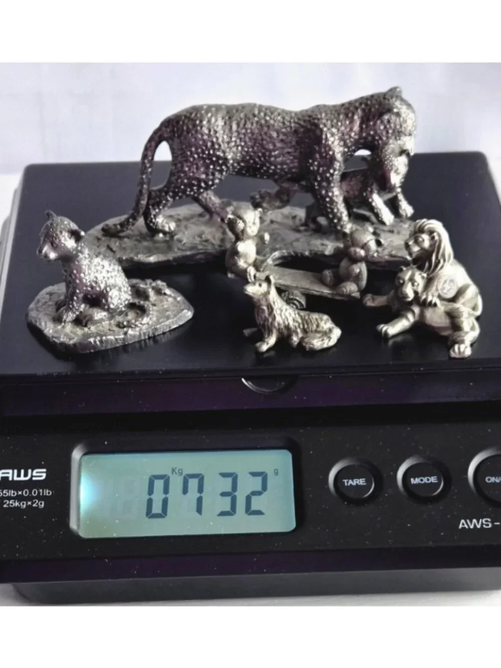 Lot of 5 Mini Pewter Animal Figurines Lion Lioness Monkey Wolf Cheetah Cub